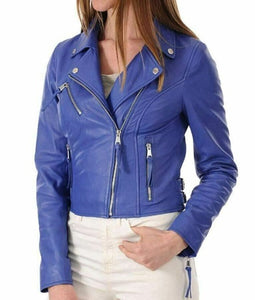 Noora Women's Lambskin Stylish BLUE Motorcycle BIKER Leather Jacket| Designer Slim Fit Party Wear Jacket|