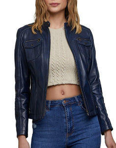 Noora Women's NAVY BLUE Leather Jacket | Western Party Wear Jacket | Custom Made Oversize Jacket | Casual Slim Fit Leather Ladies Jacket | RTS37