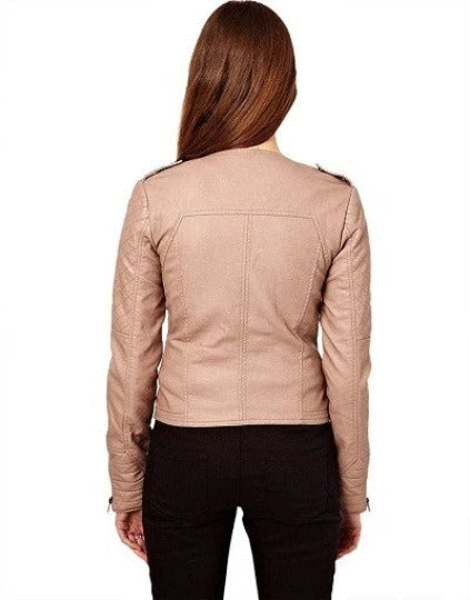 Noora Women's Lambskin Leather Flesh Pink Slim Fit Motorcycle Jacket | Quilted Biker Jacket With Sleeves & Pocket - RTS62