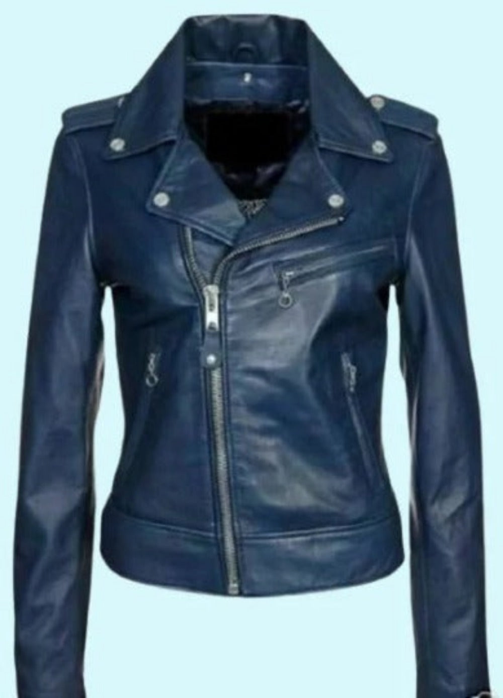 Noora Women's Classic Genuine Lambskin Real NAVY BLUE Leather BIKER Jacket | Motorcycle Biker Women's Jacket | Soft  Leather Biker Jacket | RTS60