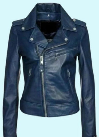 Noora Women's & Girls Real Lambskin NAVY BLUE Leather BIKER Jacket | Women Stylish Motorcycle Jacket