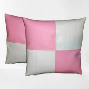 Noora Pink & White Throw Pillows Cover For Couch, COLOR BLOCK SQUARE Leather Cushion Cover Solid Color | Decorative Lumber Pillow Cover Case | RTS56T