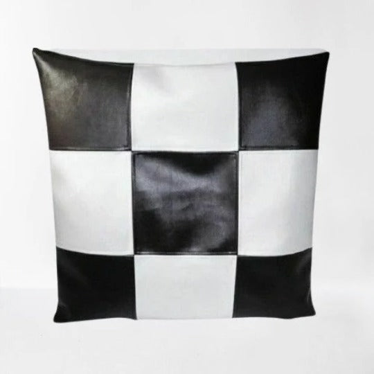 Noora Lambskin Leather BLACK  and WHITE Chess Board Style SQUARE Cushion cover|Handwoven Pillow Cover Only|Outdoor Gift Art Decor - RTS64