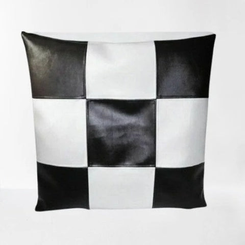 Noora Lambskin Leather BLACK  and WHITE Chess Board Style SQUARE Cushion cover