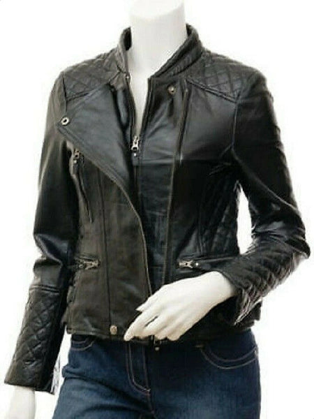 NOORA Women's Vintage Slim Fitted Soft Real Lambskin Leather Biker Jacket YK44