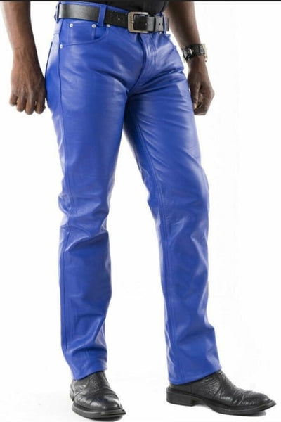 Noora Men's Real Sheep Leather Pants, Bikers Leather Pants, Slim Fit Pants, Nightclub Party & Dance Pants, Gift for Men - Blue