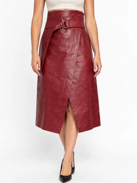 Asymmetric Draped Blood Red Leather Skirt Wrap Midi A-Line — belly-to-toes white-studio product hero