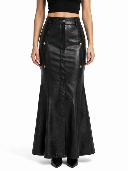 Black Long A-Line Bridal Leather Skirt Formal Maxi Skirt — belly-to-toes white-studio product hero