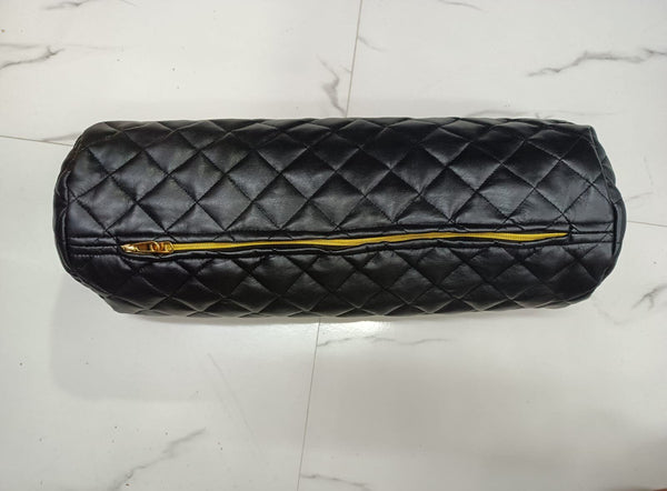 Black Quilted Diamond-Stitch Leather Bolster Cover - Noora International