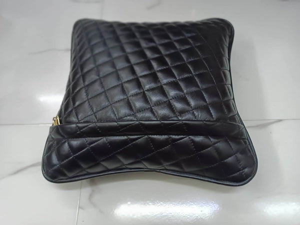 Black Quilted Diamond-Stitched Leather Cushion Cover - Noora International