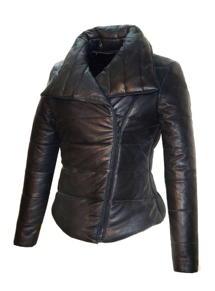 NOORA Womens Black Leather Puffer Quilted Jacket With Side Zipper & Pocket | Zip Up Leather jacket | JS34