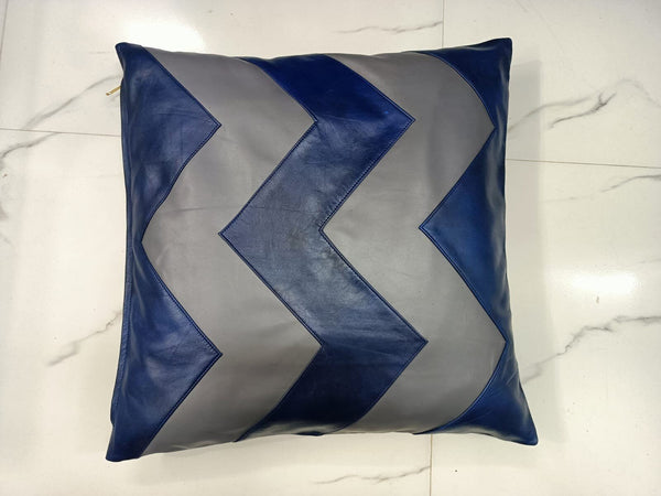 Blue & Grey Lambskin Leather Cushion Cover - Noora International