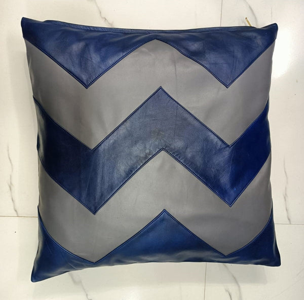 Blue & Grey Lambskin Leather Cushion Cover - Noora International