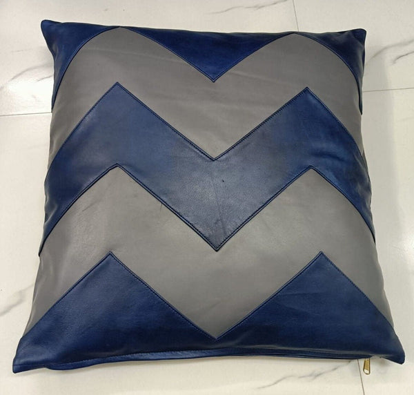 Blue & Grey Lambskin Leather Cushion Cover - Noora International