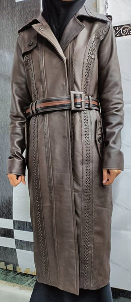 Brown Braided Stitch Leather Trench Coat - Noora International