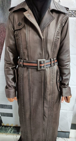 Brown Braided Stitch Leather Trench Coat - Noora International