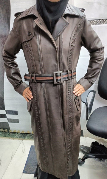 Brown Braided Stitch Leather Trench Coat - Noora International