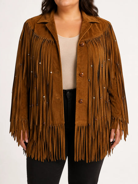 Women's golden brown suede fringe coat on a plus-size model, studio hero image