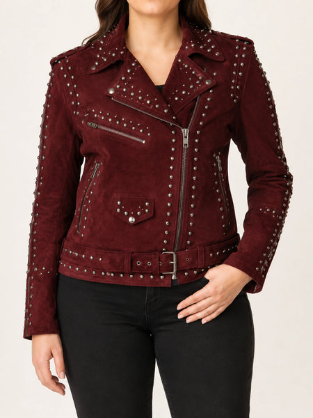 Women's deep burgundy studded suede biker jacket on a plus-size model, studio hero image