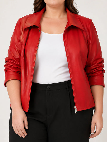 Plus-size woman wearing NOORA BS185 red leather jacket