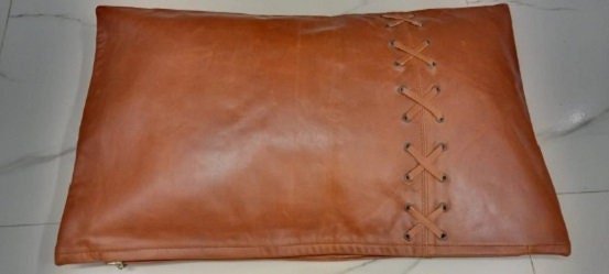 Burnt Rustic Tan & Black Criss-Cross Leather Pillow Cover - Noora International