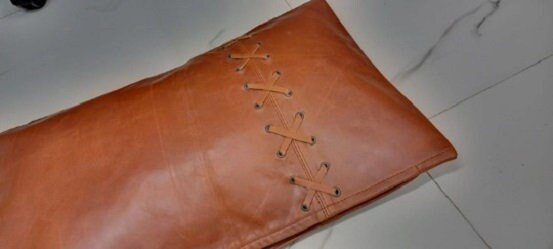 Burnt Rustic Tan & Black Criss-Cross Leather Pillow Cover - Noora International