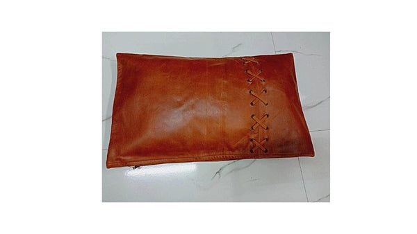 Burnt Rustic Tan & Black Criss-Cross Leather Pillow Cover - Noora International