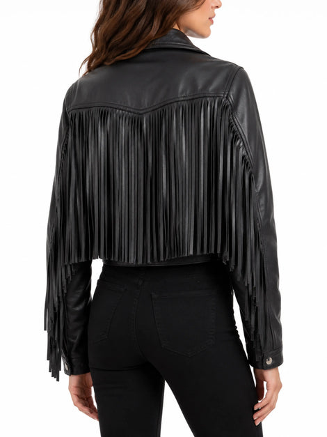 Charcoal Black Fringe Cropped Leather Jacket Inspired Western Style