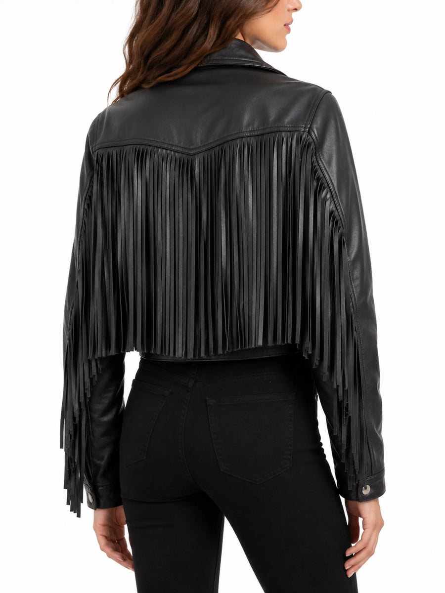 Charcoal Black Fringe Cropped Leather Jacket Inspired Western Style