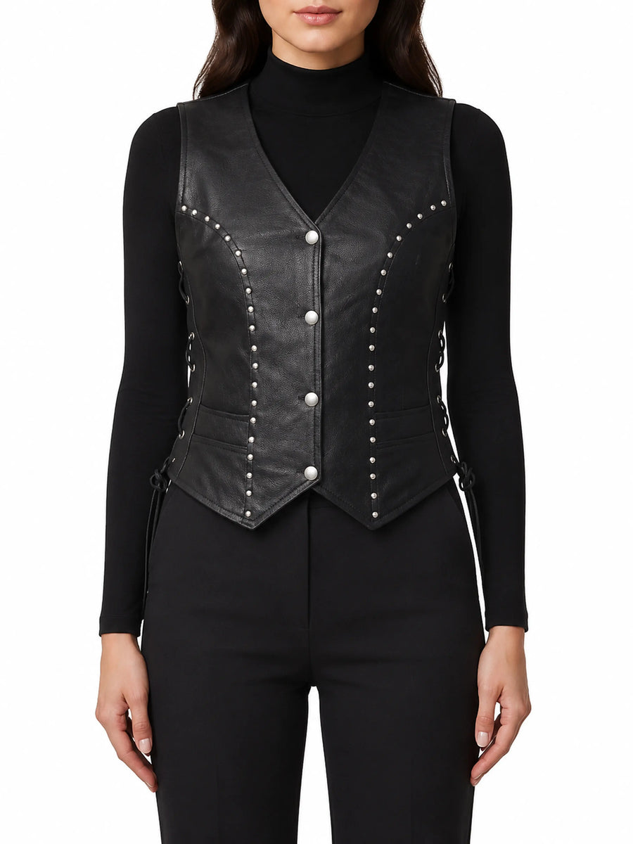 Womens Lambskin Black Leather Vest Coat With Studded, Braided Designer Biker Coat