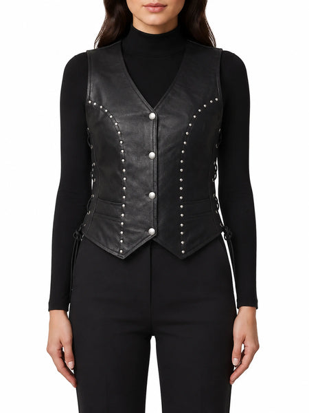 Noora New Womens Lambskin Black Leather Vest Coat With Studded | Braided Designer Biker Coat YK0238 — standardized leather jacket hero