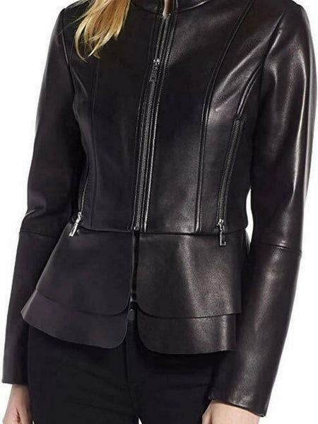 NOORA New Womens Real Soft Leather Style Peplum Designer  Biker Jacket — standardized hero