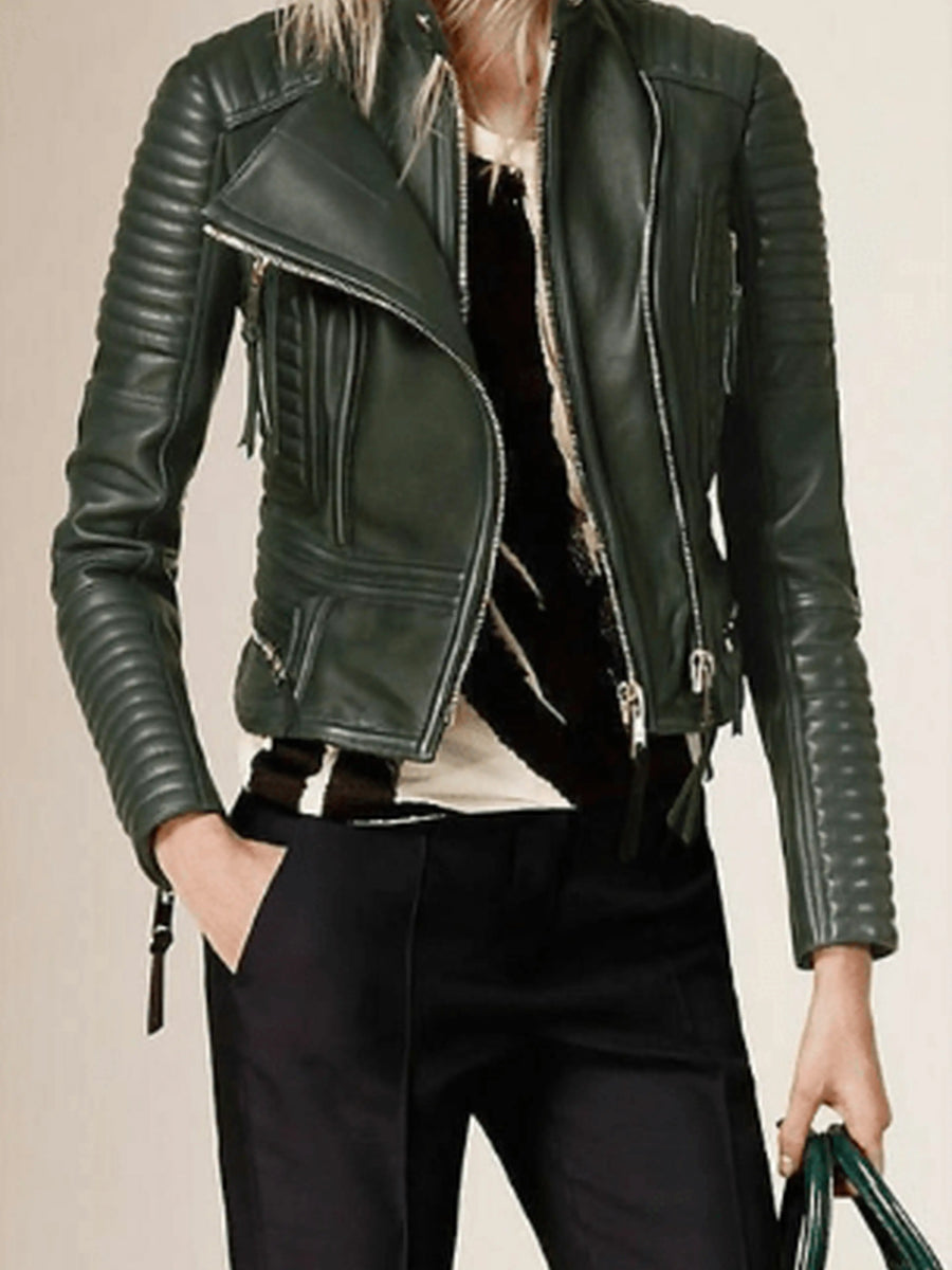 Women Lambskin olive Green Leather Jacket, Stylish Motorcycle Jacket, Flare With Quilted Designer