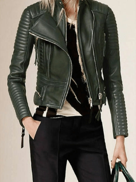 NOORA Women Lambskin olive Green Leather Jacket, Stylish Motorcycle Jacket, Flare With Quilted Designer YK077 — standardized hero