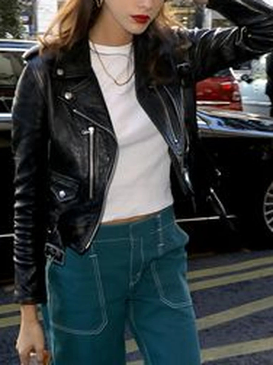 Brand Women's Black Lambskin Leather Motorbiker Jacket Zipper Pocket With Snap Design Collar