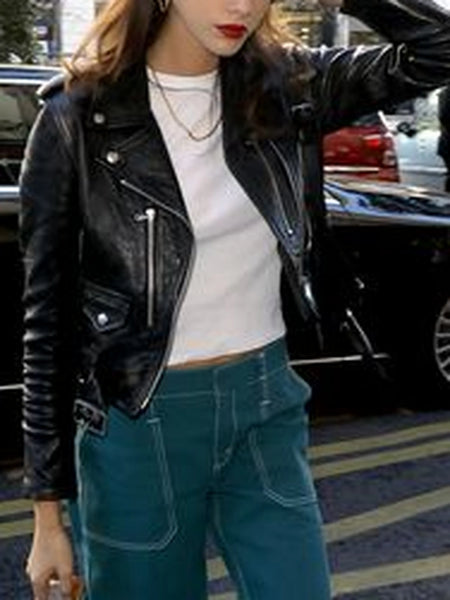 NOORA New Brand Women's Black Lambskin Leather Motorbiker Jacket Zipper Pocket With Snap Design Collar| JS10 — standardized studio hero