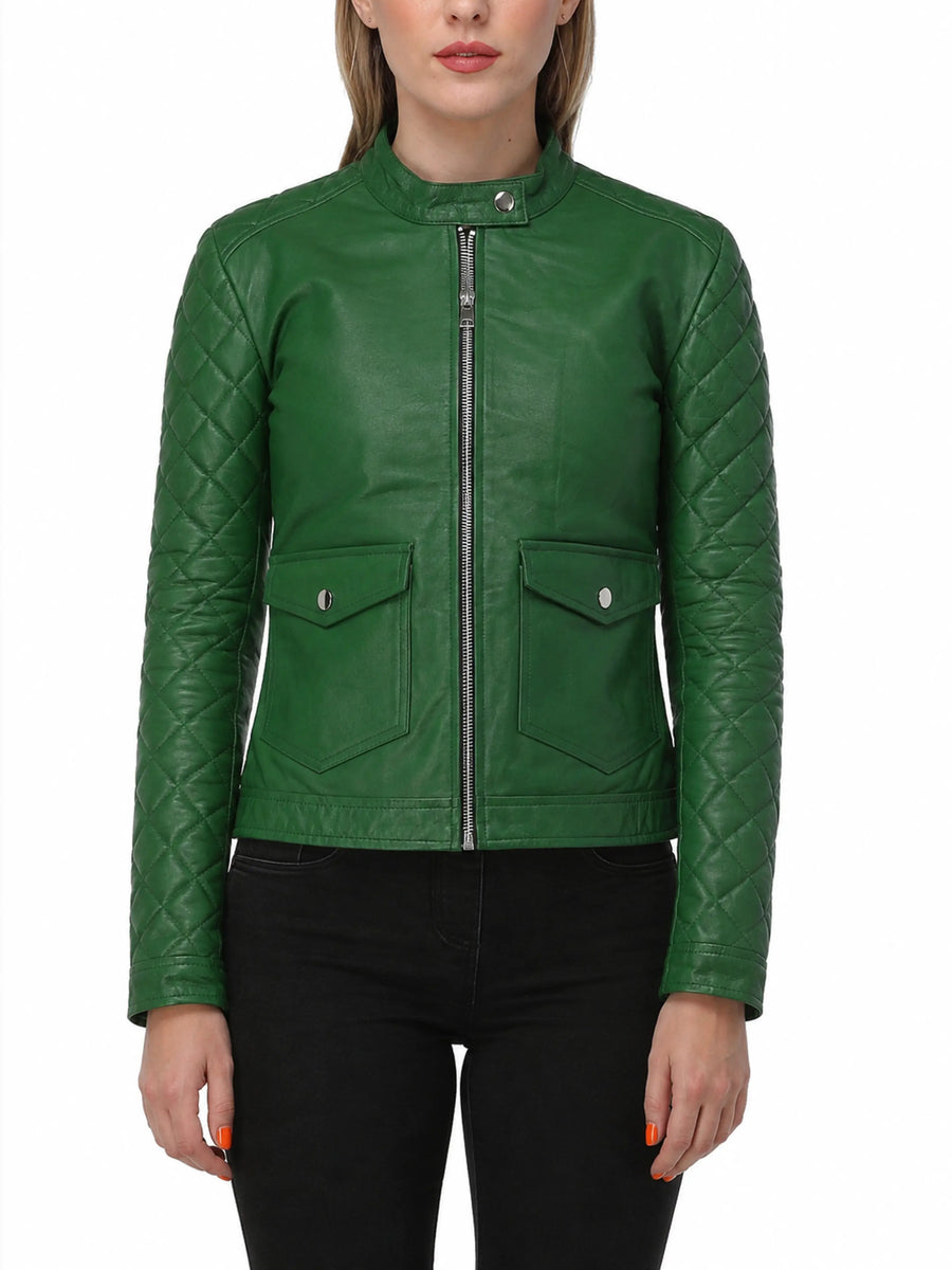 Green Women's Leather Jacket Lambskin Motorcycle Biker Jacket With Zipper & Quilted, Snap Pocket