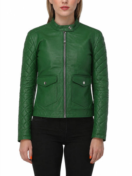 NOORA Green Women's  Leather Jacket Lambskin Motorcycle Biker Jacket With Zipper & Quilted| Snap Pocket JS011 - standardized hero