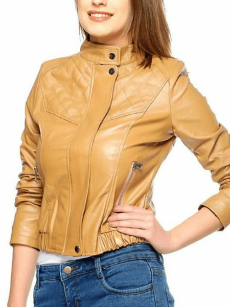 NOORA Lambskin Glossy Light Tan Leather Quilted Biker Jacket For Women, With Zipper Closure YK040