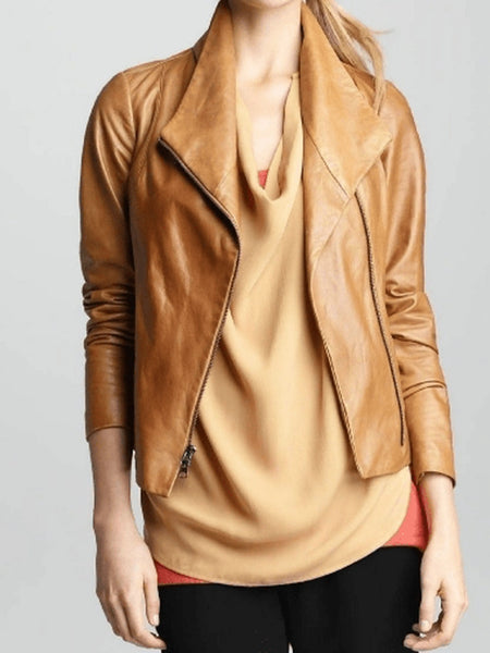 NOORA New Womens Stylish Lambaskin Camel Tan Leather Jacket | Glossy Biker Jacket YK056 — standardized hero