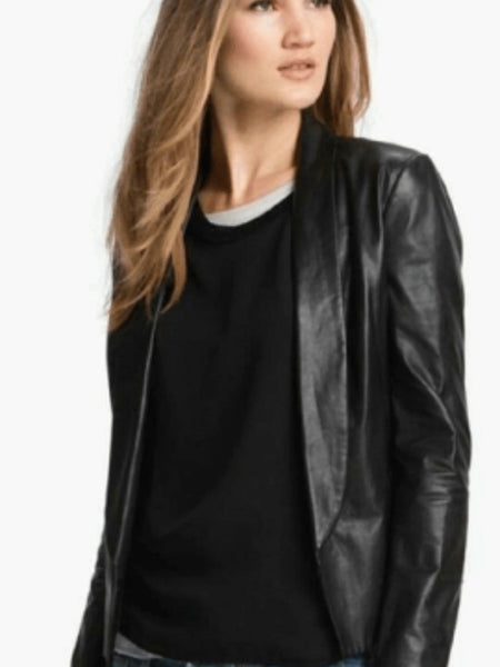 Noora Women's Real Lambskin Leather Black Casual Leather Jacket | Designer Simple Look Black Leather Jacket  SU087 — standardized studio hero