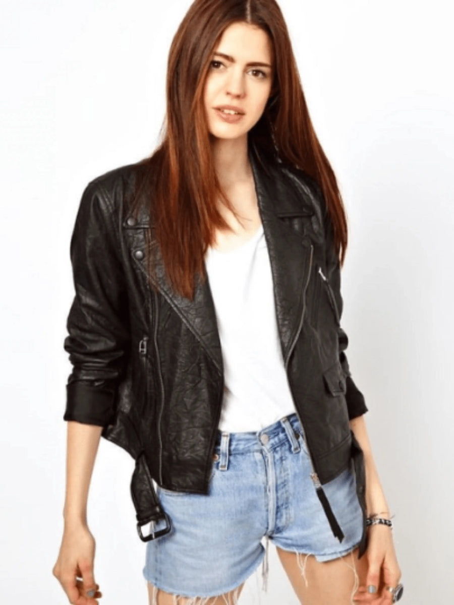 Womens & Girls Lambskin Black Leather Jacket, Biker Jacket Slim fit With Belted, Trend Fashion