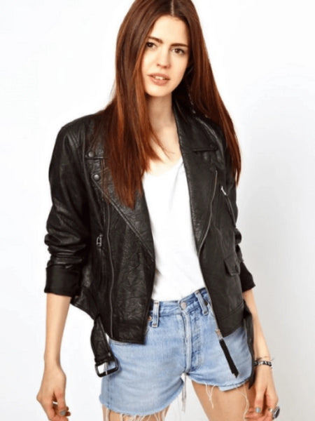 NOORA Womens & Girls Lambskin Black Leather Jacket | Biker Jacket Slim fit With Belted, Trend Fashion Jacket YK067 — standardized studio hero