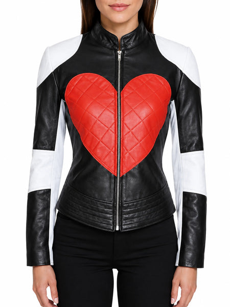 Noora Womens Black & white Lambskin Red HEART Style Jacket Motorcycle Vintage LovelyGirl PEACE SYMBOL at Back of jacket- BS05149 — standardized studio hero
