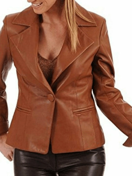 Noora New Women Lambskin Shiny Brown Leather Blazer Jacket For Meetings, Slim Fit Jacket, Office Wear Blazer With Cuff Sleeves YK073 — standardized leather jacket hero
