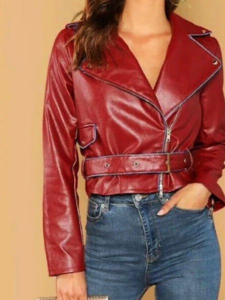 Noora New Women Lambskin Shiny Dark Red Leather Jacket, Belted Cropped Biker Jacket, Designer Cropped Jacket With Blue Piping YK060 — standardized leather jacket hero
