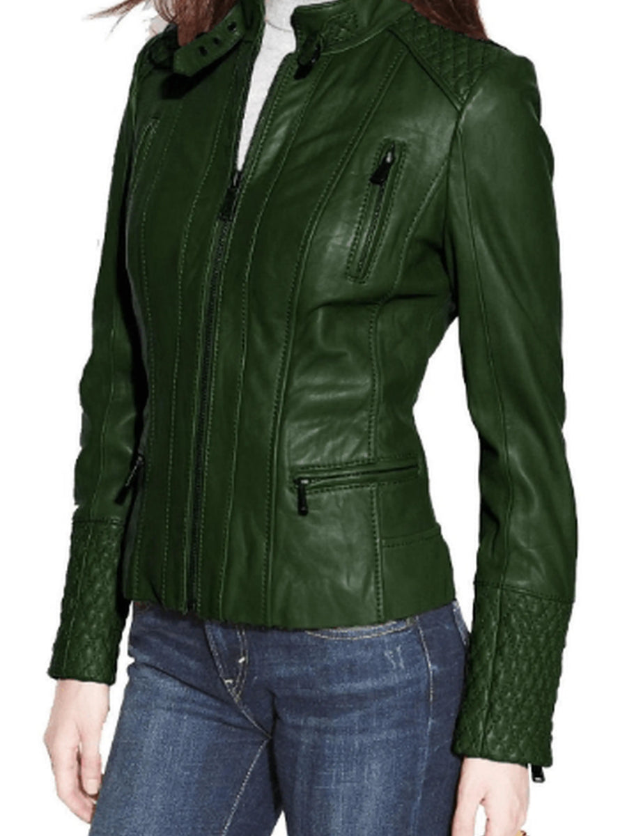 Women Lambskin Green Leather Jacket Motorcycle Slim Fit Quilted Jacket For Halloween