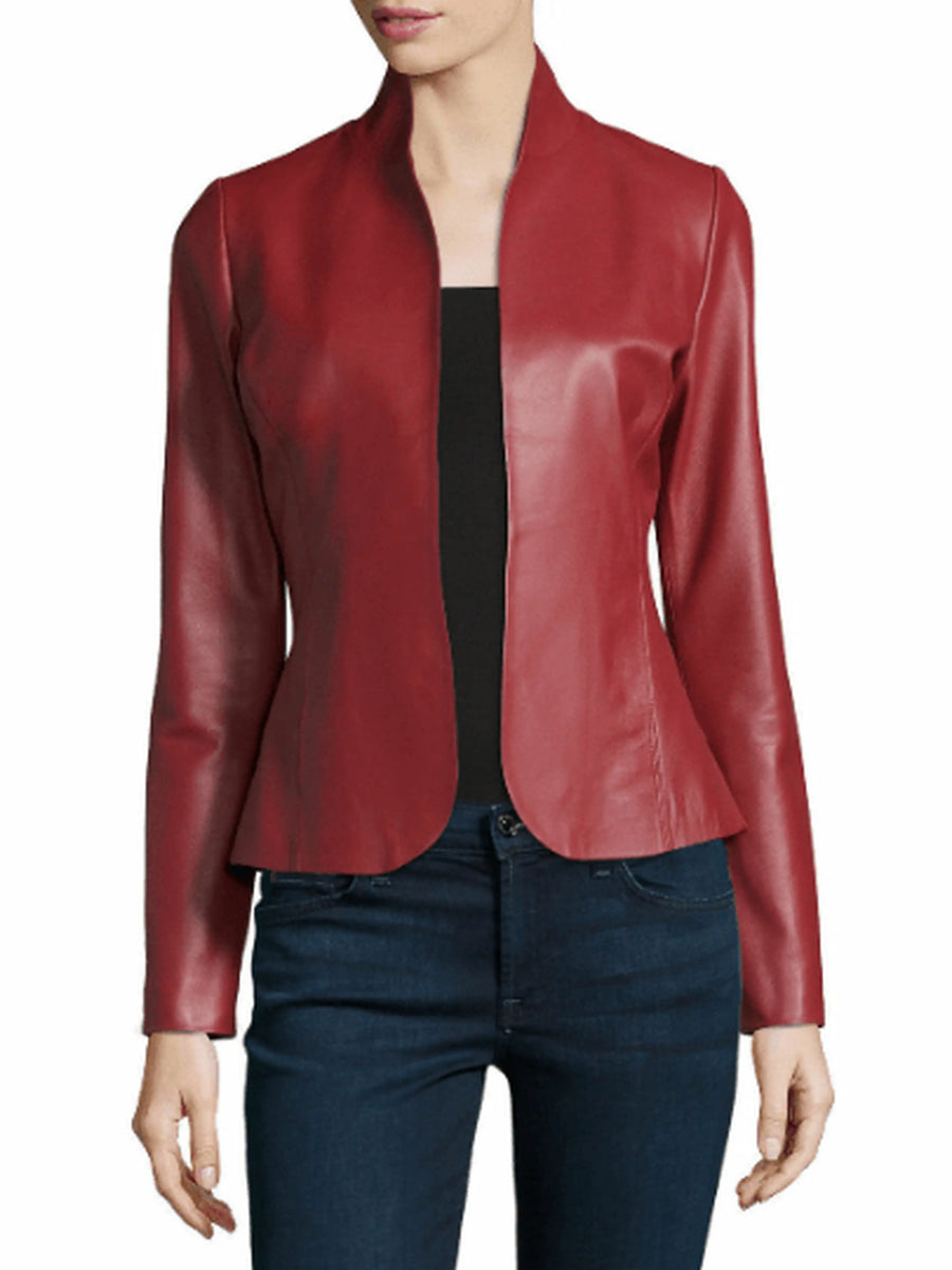 Women's Lambskin Red Leather Blazer Jacket For Meetings Rose Red Girls Blazer
