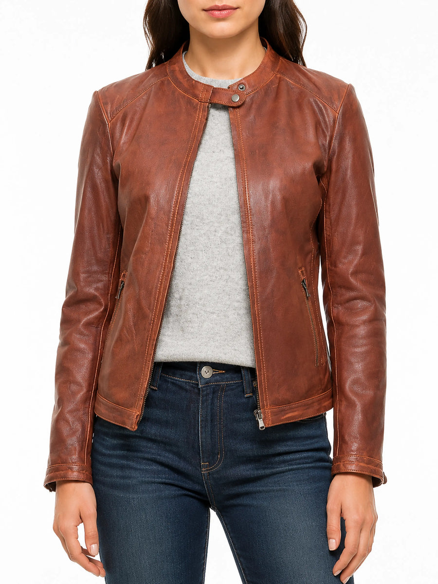 Lambskin Glossy Tan Leather Jacket For Women, Two Ton Leather Coat With Zipper Closure