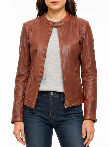 NOORA Lambskin Glossy Tan Leather Jacket For Women, Two Ton Leather Coat With Zipper Closure YK0241